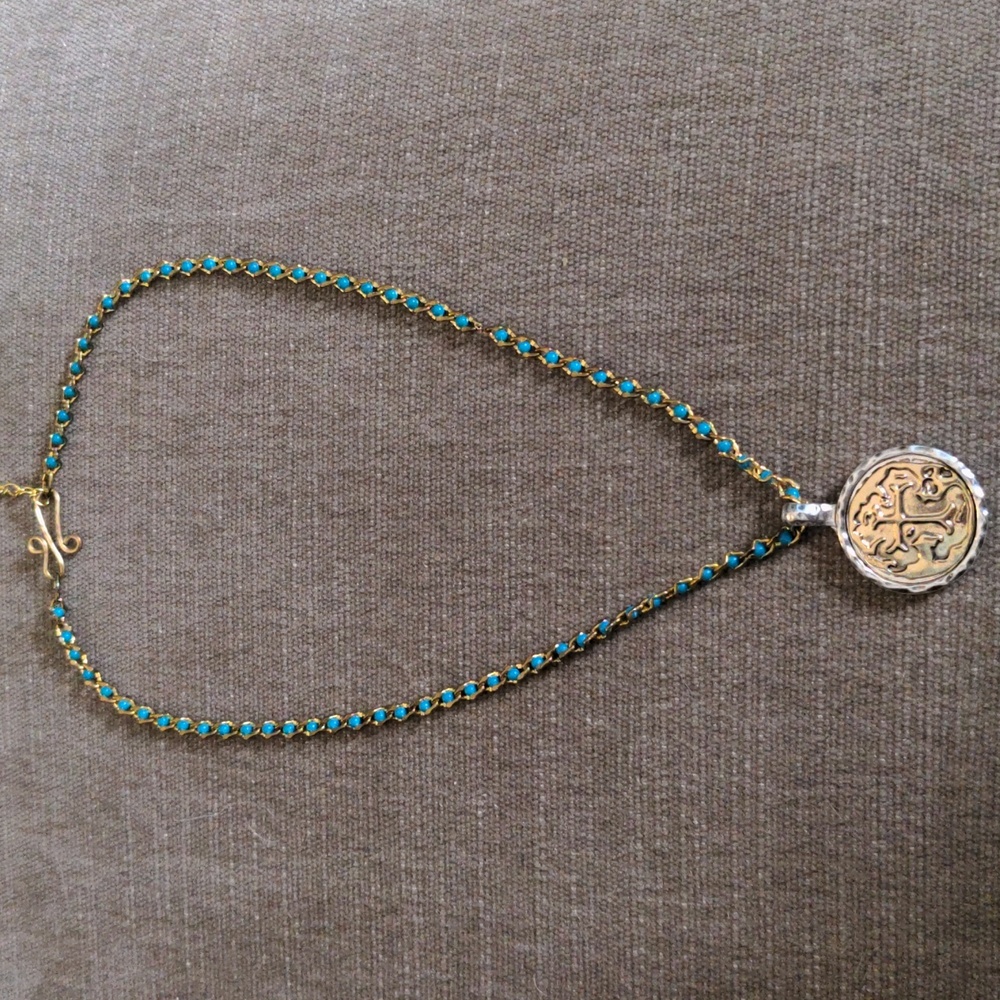 New Turquoise Pendant Necklace. Cross In Gold, Silver Bezel. Beaded, 22"+2". - Picture 2 of 7